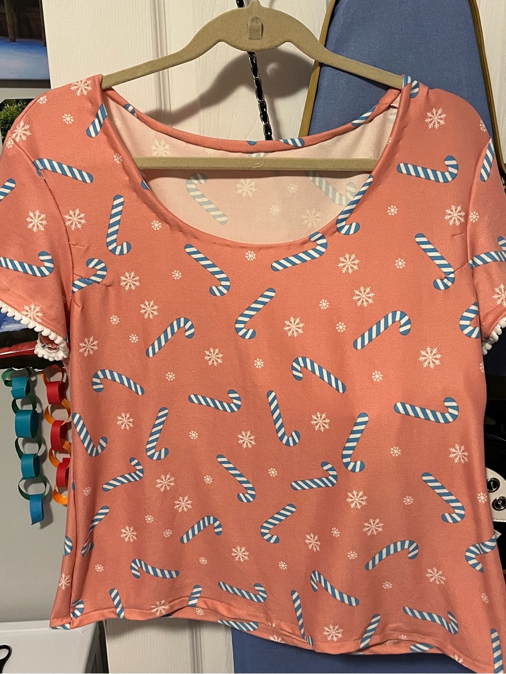 Women’s Pink Candy Cane Print Short Sleeve Top. Handmade